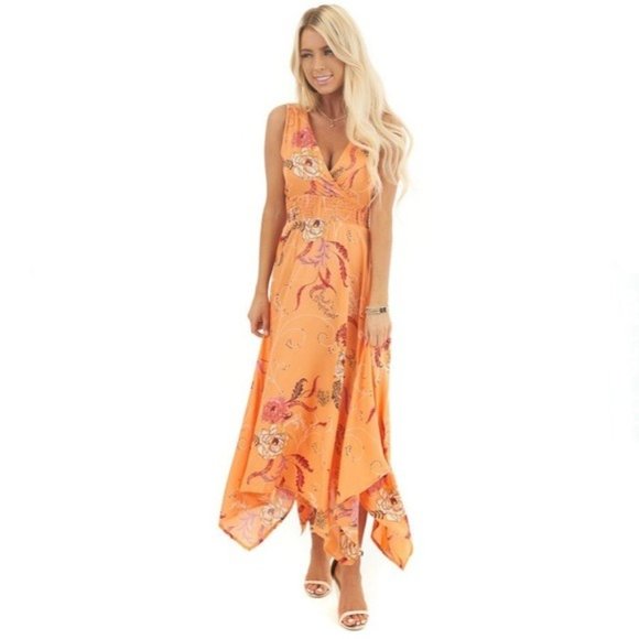 Orange Floral Hanky Hem Midi Dress - Picture 2 of 13